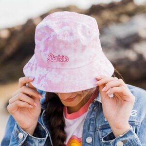 Womens Barbie Malibu Pink White Tie Dyed Canvas Cotton Bucket Hat Beach One Size